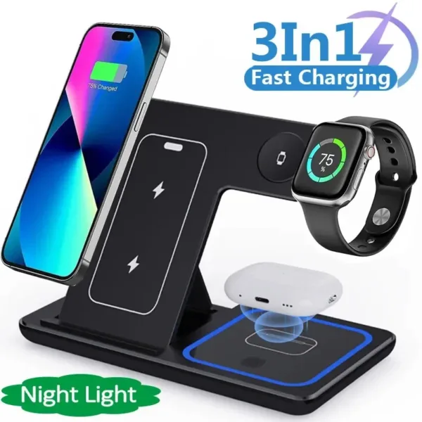 Multi functional 3-in- 1 Foldable Fast Wireless Charging Station